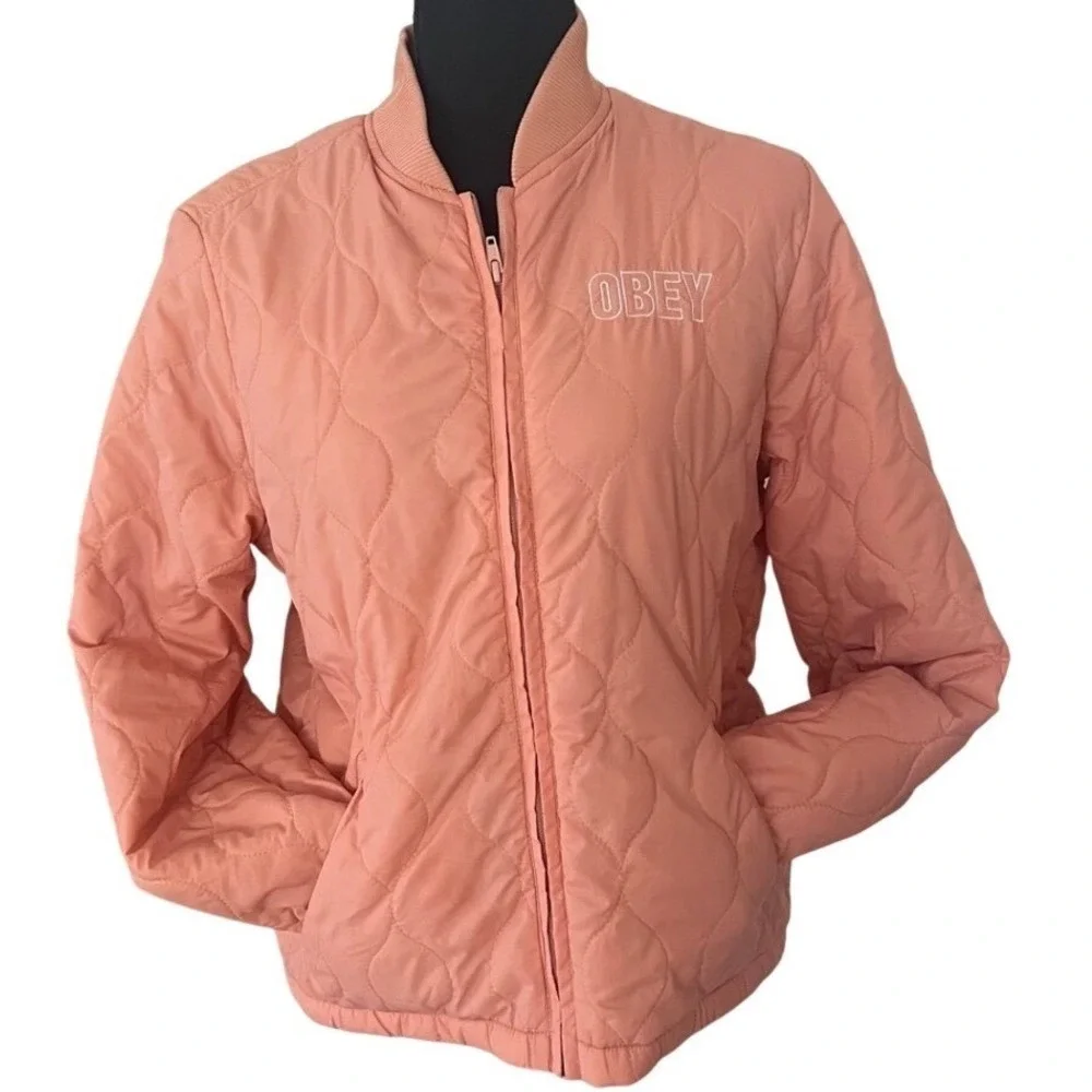 Obey Worldwide Quilted Pink Peach Embroidered Logo Fleece lined Puffer Jacket L - Picture 5 of 10